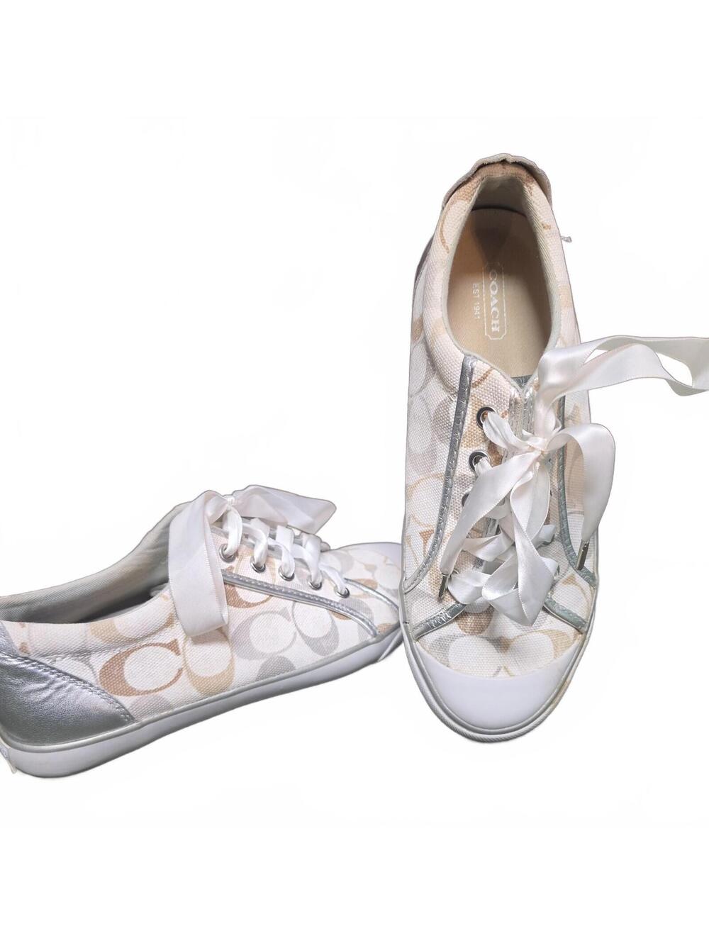 Coach Barrett Monogram Logo Cream & Silver Women's Sneakers Shoes Size 9 B